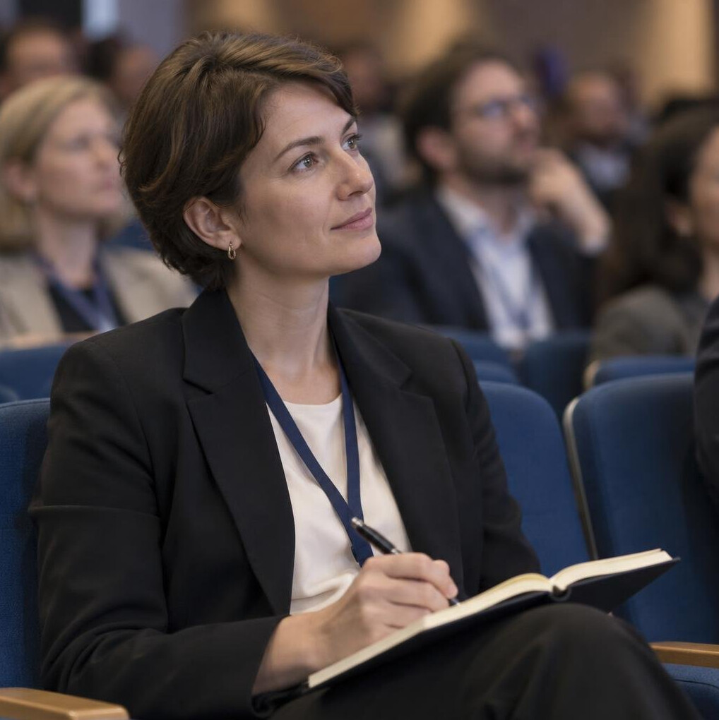 Attendee writing notes during a conference panel