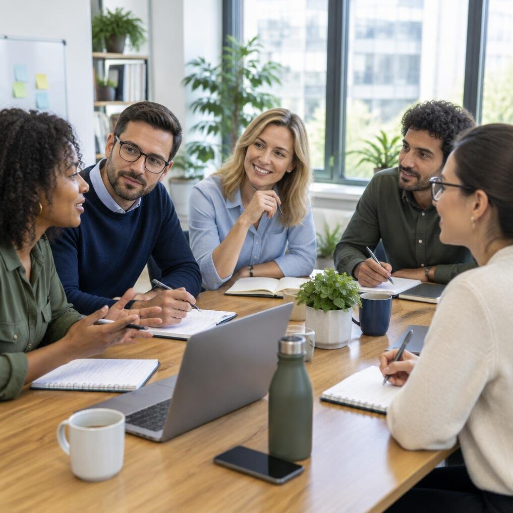 Diverse team of professionals brainstorming around a table with notes