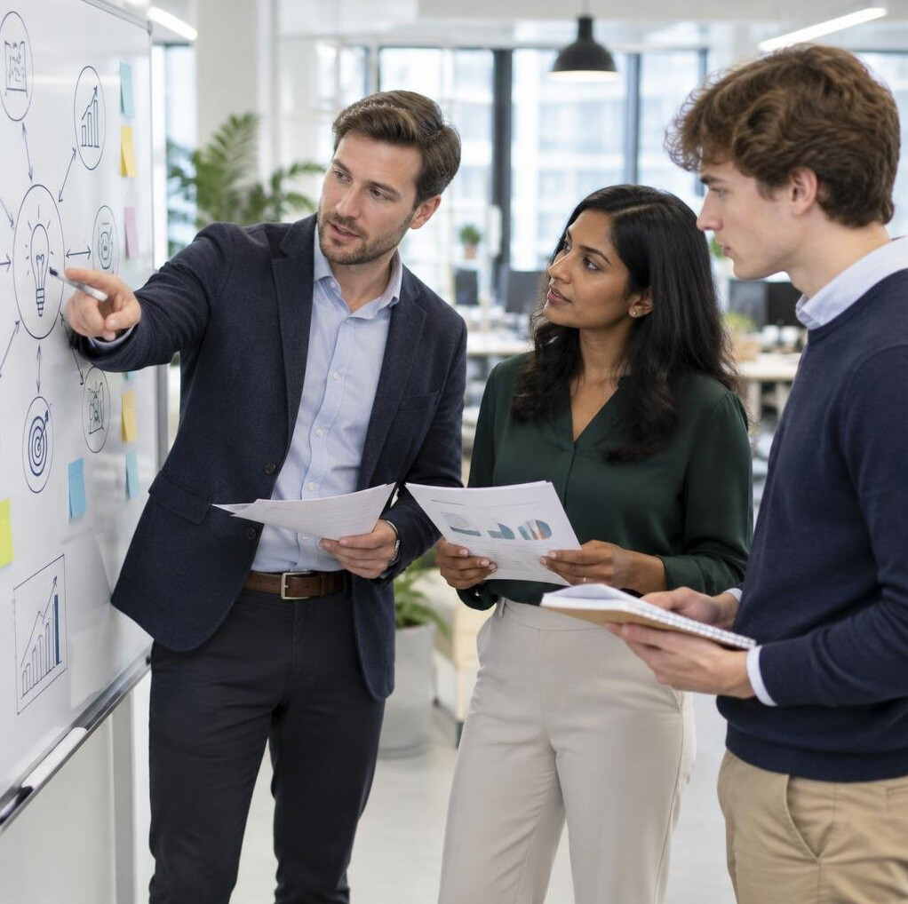 Small team reviewing strategy documents around a whiteboard