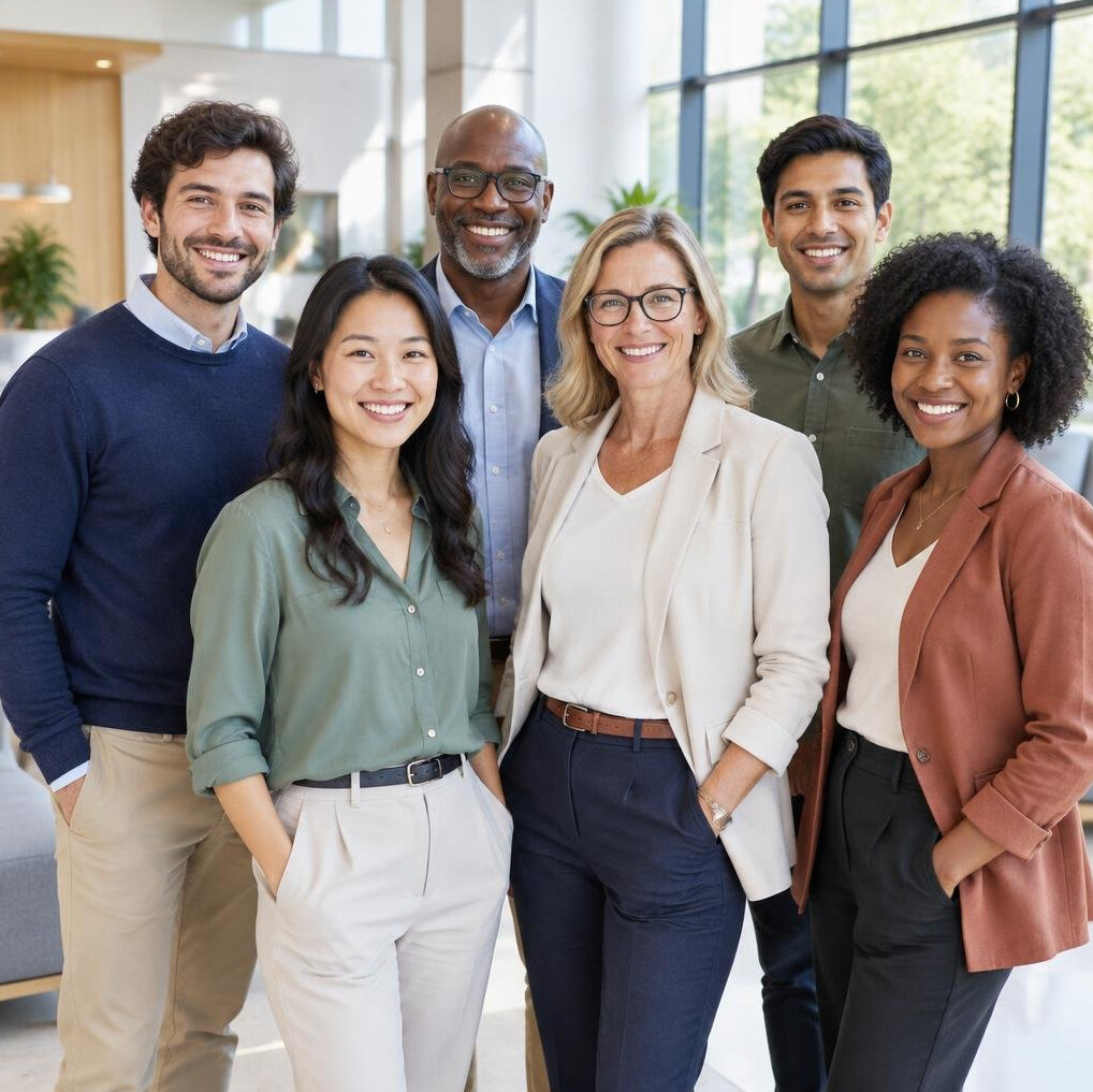 Group portrait of a diverse team of professionals in an office